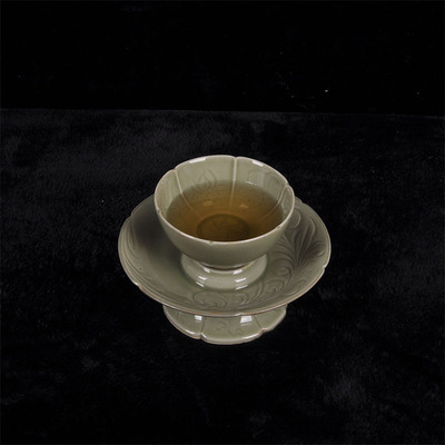 越窑青瓷茶盏手工刻花功夫茶杯茶具中式古典茶杯茶托萱草花纹茶杯