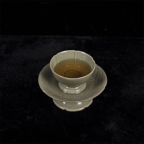 越窑青瓷茶盏手工刻花功夫茶杯茶具中式古典茶杯茶托萱草花纹茶杯