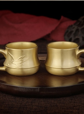 竹叶杯纯黄铜竹节杯茶具办公室泡茶杯礼品茗杯功夫茶主人杯摆件