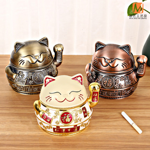 招财猫烟灰缸家用客厅网红创意轻奢办公室防飞灰带盖烟壶缸摆件大