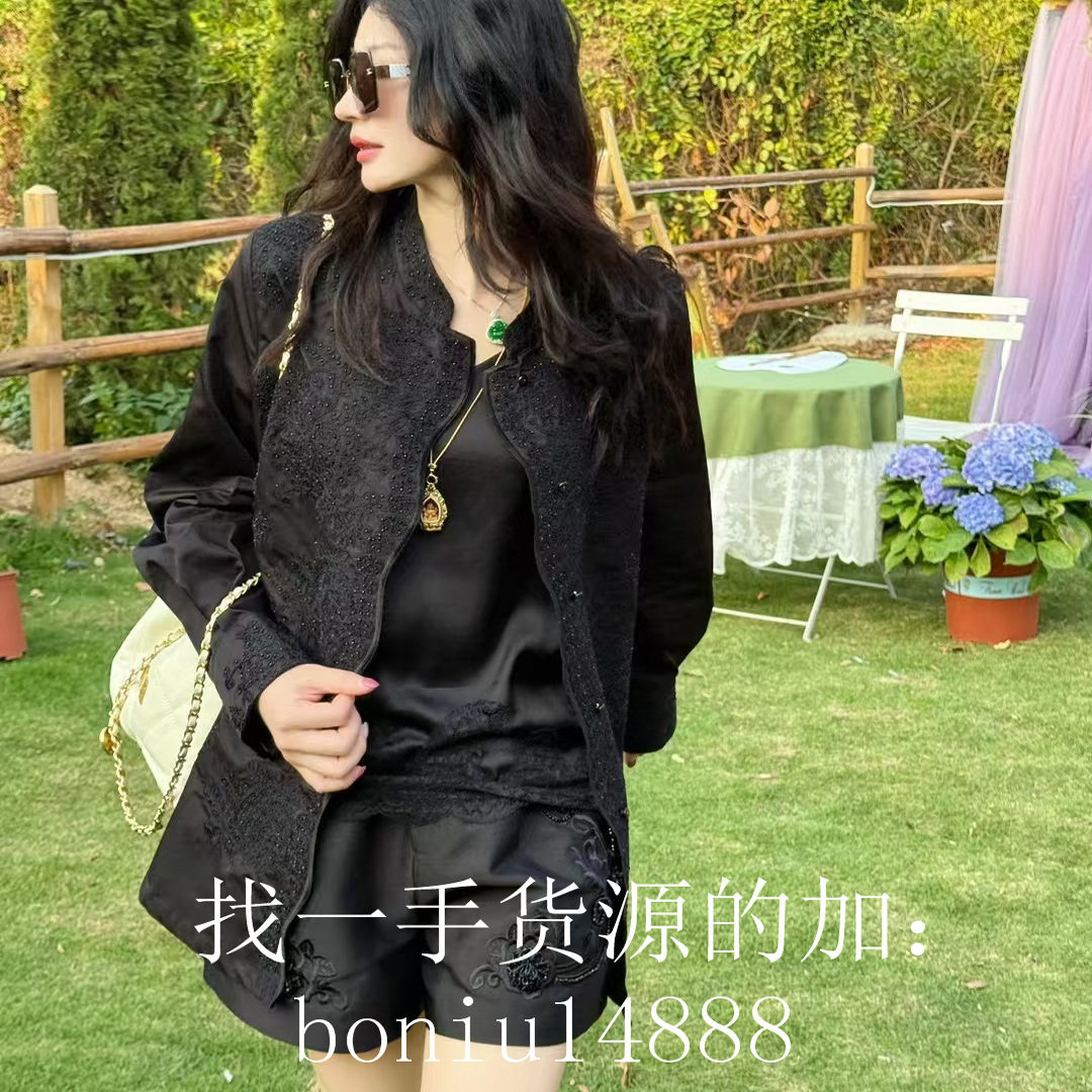 欧洲站2025春季新款时尚立领钉珠蕾丝钩花长袖衬衫休闲上衣女外套