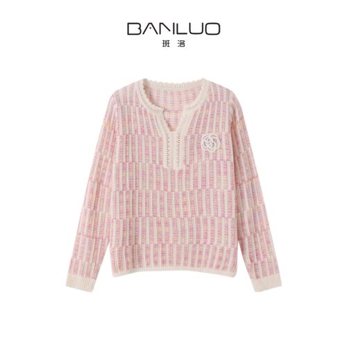BANLUO｜ 【彩樱樊花】错缝彩线条纹山茶花小 V 领毛衣MY1027