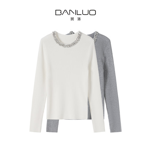 BANLUO|【雪嫚歌姬】珠片圆领醋酸莱赛尔针织打底衫毛衣MY1001