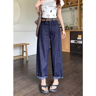夏大码 女宽松阔腿裤 弯刀裤 小个子高腰九分裤 薄款 显瘦老爹裤 牛仔裤