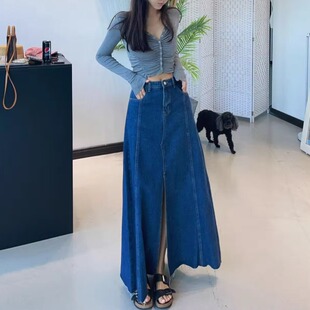 复古港味开叉牛仔半身裙女2025年春秋新款高腰显瘦a字包臂中长裙