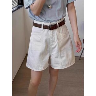 白色高腰直筒牛仔短裤女夏季大码胖mm宽松休闲a字阔腿热裤子