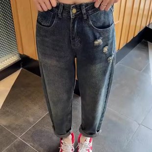 胖mm哈伦宽松老爹萝卜梨形身材裤 女春秋高腰大码 子 复古牛仔裤 美式