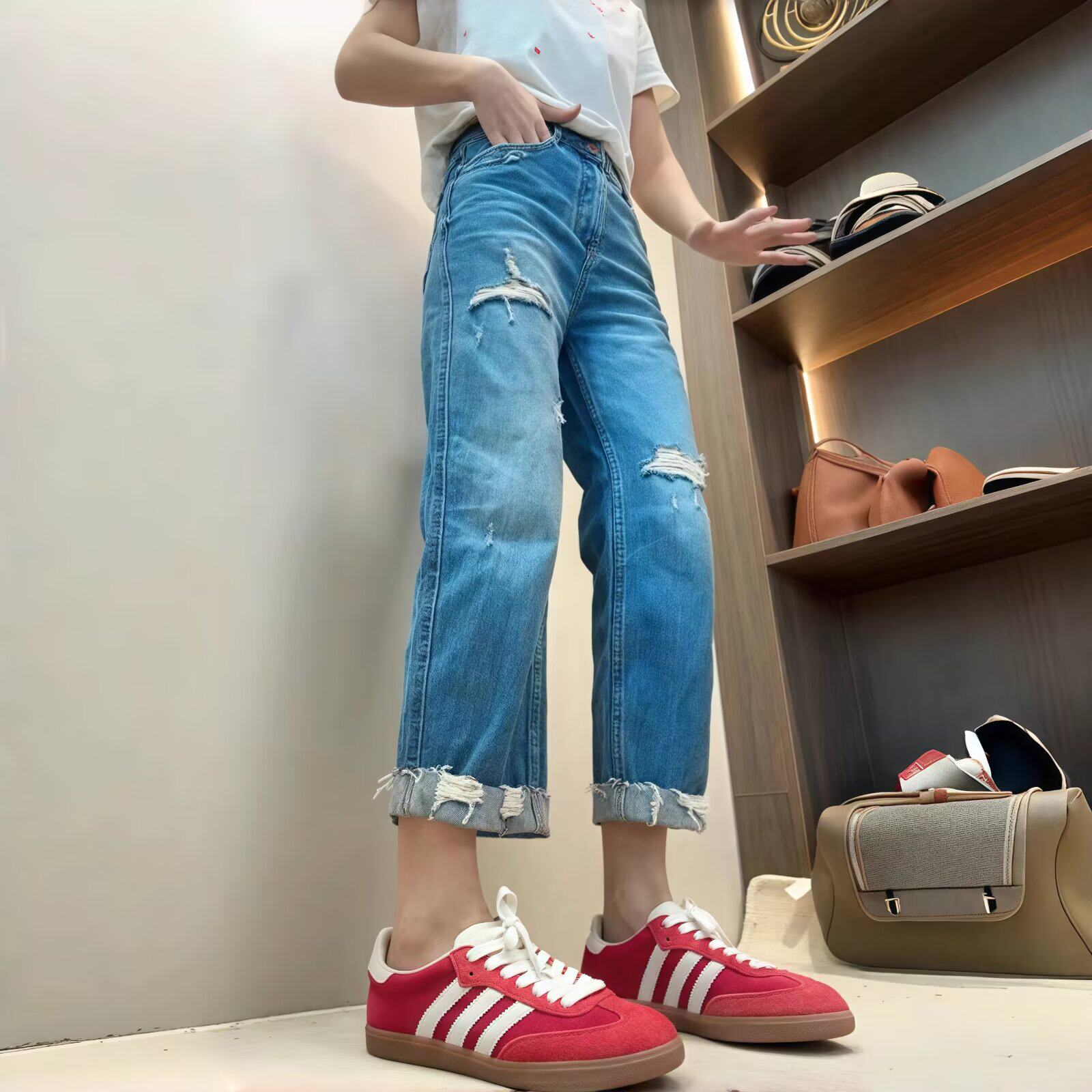 破洞阔腿牛仔裤女2025年夏季薄款大码胖mm高腰显瘦宽松直筒九分裤