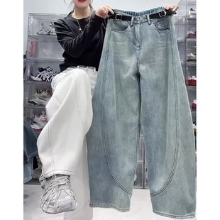 美式 宽松阔腿老爹裤 弯刀香蕉牛仔裤 胖mm梨形显瘦镰刀裤 女春季 大码
