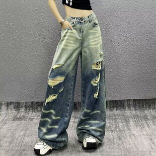 美式复古水洗做旧破洞牛仔裤子女夏季辣妹宽松bf慵懒风阔腿拖地裤