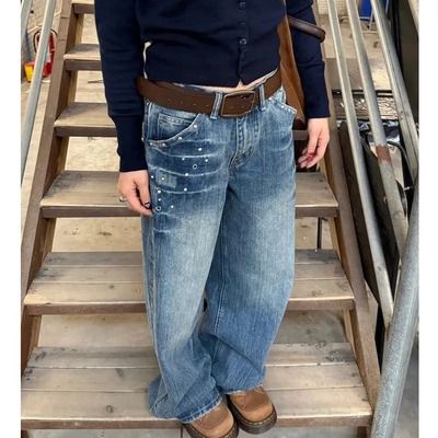 美式复古铆钉水洗闪电直筒牛仔裤