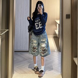 大码破洞乞丐阔腿牛仔裤女夏季高腰宽松设计感时尚直筒七分中裤子