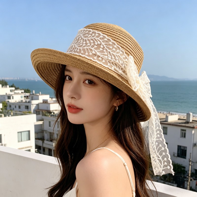 草帽女夏季飘带旅游盆帽宽檐沙滩帽大沿防晒时尚遮阳帽卷边太阳帽