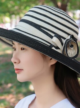 卷边女士太阳帽韩版时尚条纹帽子潮网红遮阳帽户外旅游防晒沙滩帽