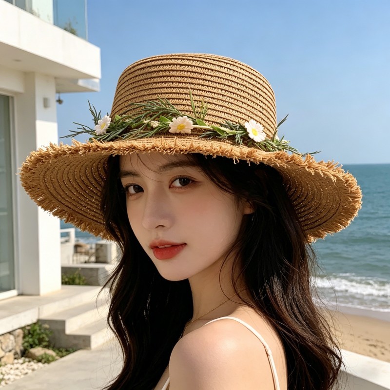 夏季草编蝴蝶结防晒大头围草帽图片
