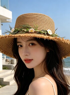 夏季草编蝴蝶结防晒大头围草帽