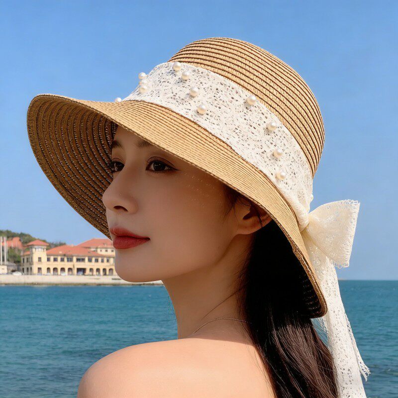 度假草帽女夏季沙滩太阳帽凉帽新款海边拍照旅游遮阳帽防晒帽