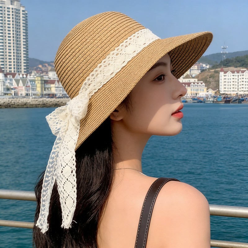 法式大檐草帽女夏季蝴蝶结系带遮阳防晒帽旅游海边沙滩度假太阳帽