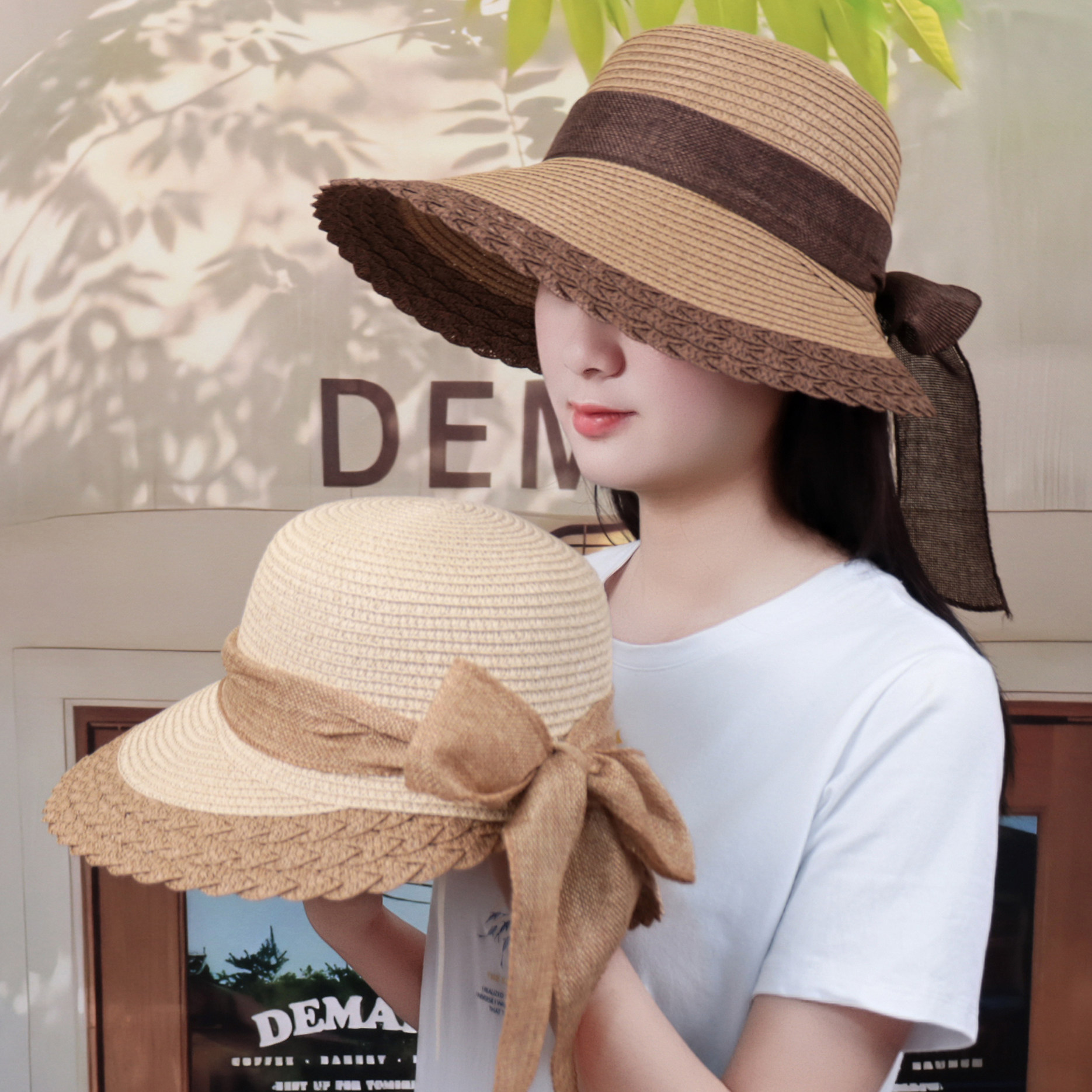 优雅蝴蝶结草编遮阳帽