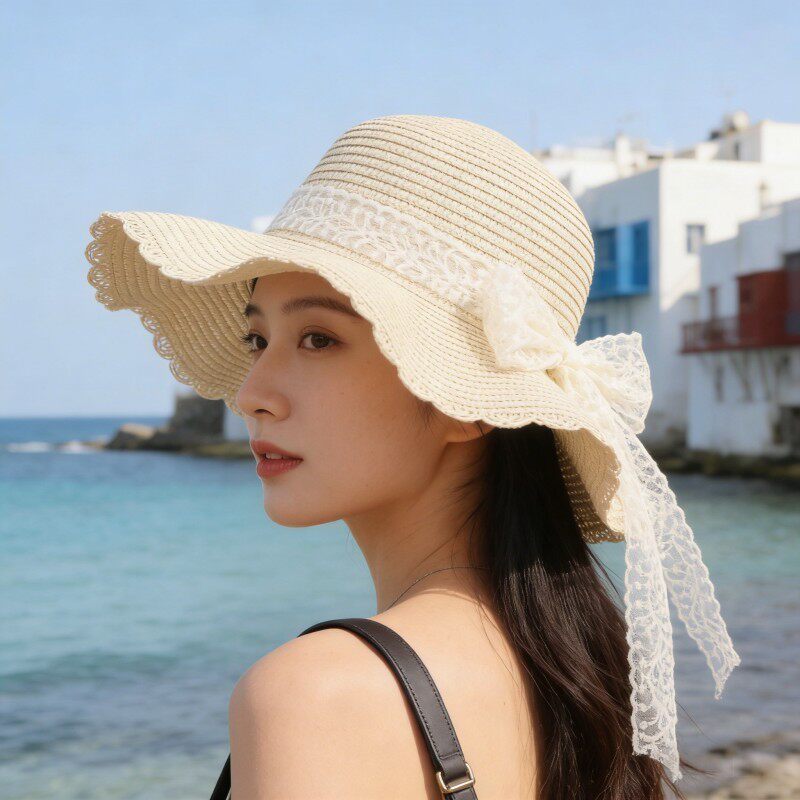 田园风蕾丝蝴蝶结草帽波浪边大檐帽夏季透气清新甜美防晒遮阳帽女