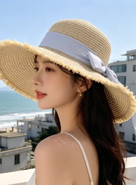 夏季女士防晒波浪遮阳草帽