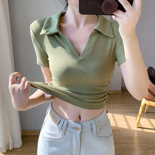 港味辣妹Polo领锁骨正肩褶皱短袖t恤女小众心机V领修身短款上衣潮