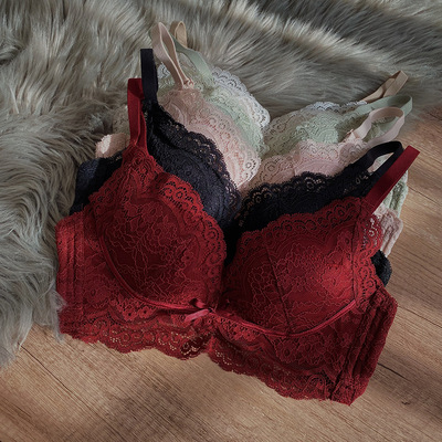 911本命年红色内衣女小胸聚拢上托无钢圈文胸套装收副调整型胸罩