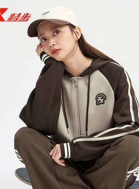 特步针织连帽上衣女潮流休闲棒球服撞色街头外套女976328940213