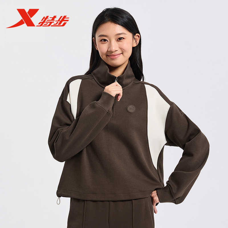 特步运动卫衣女立领套头2024秋季新款宽松百搭外套976328920035