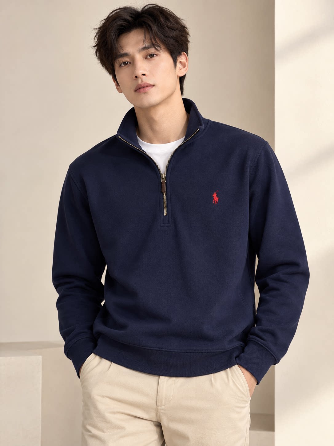 thumbnail for Ralph Lauren Half-Zip Stand-Collar Sweatshirt for Men, Pony Logo Embroidery, Spring and Autumn Old Money Style Casual Long-Sleeve Top