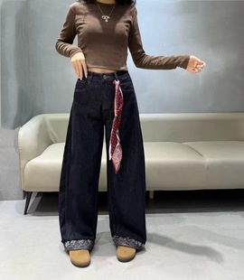 子 2025年秋冬季 新款 高腰显瘦直筒普洗蓝牛仔裤 女宽松阔腿拖地长裤