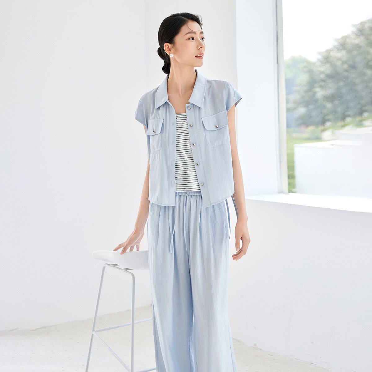 茵曼2026夏季新款三件套休闲运动文艺风衬衫吊带休闲长裤套装女士