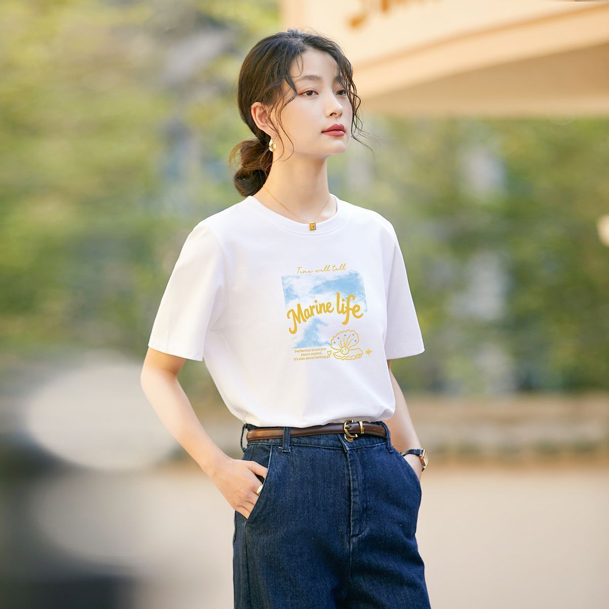 茵曼2026夏季新款海洋风情印花纯棉短袖T恤女士百搭时尚圆领上衣