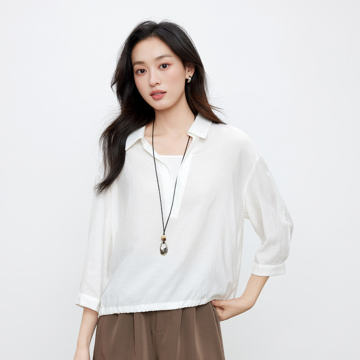 茵曼七分袖宽松遮肉衬衫女