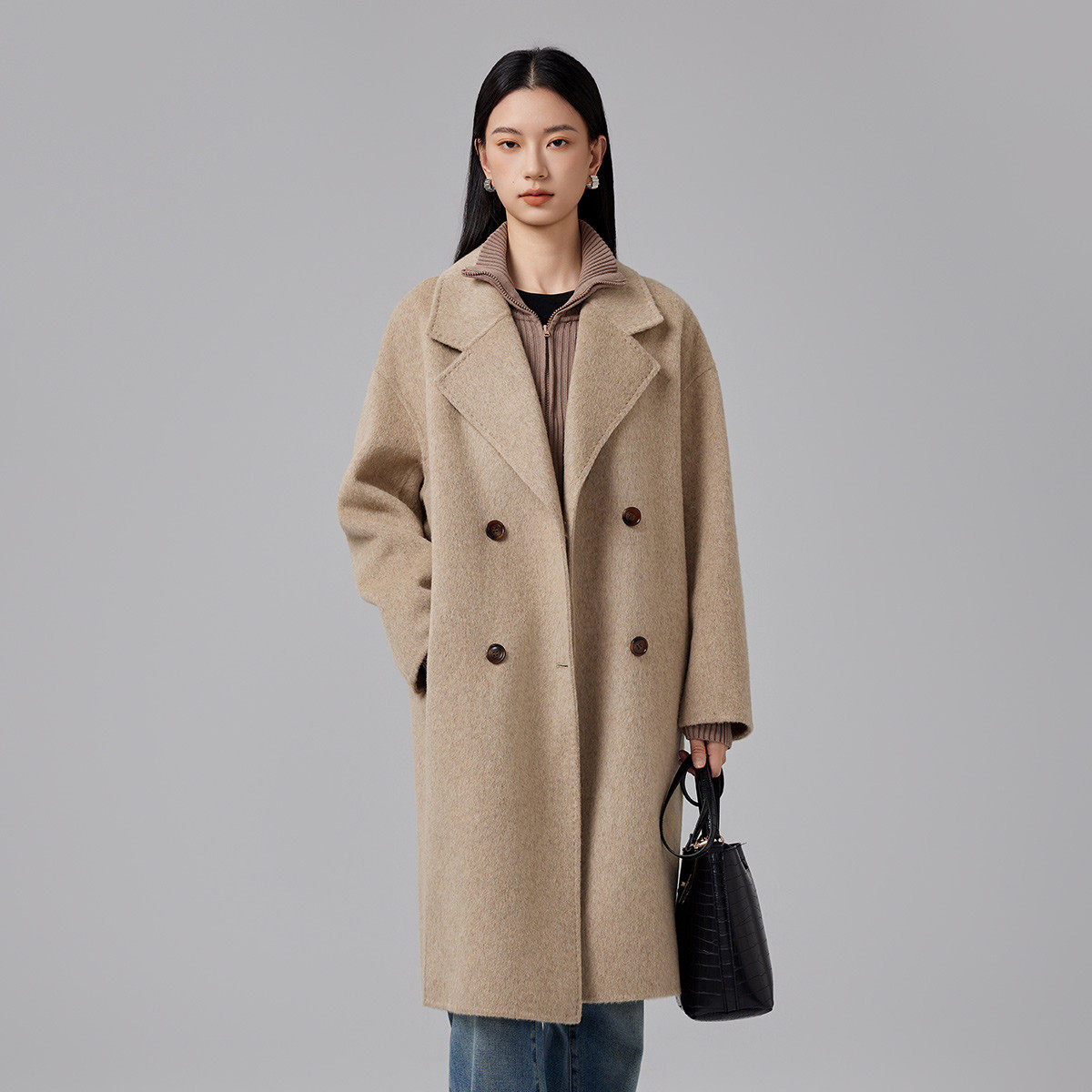 茵曼2025冬季新款双排扣绵羊毛中长款毛呢外套女大衣休闲百搭翻领