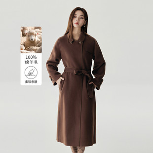 茵曼2025冬季新款绵羊毛中长款毛呢外套女大衣修身收腰休闲翻领