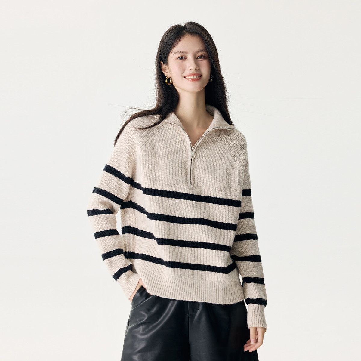 茵曼2025秋季新款宽松长袖针织衫女翻领毛衣减龄早秋上衣小个子