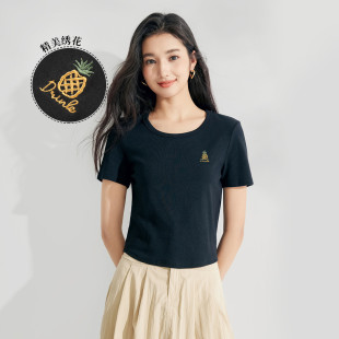 茵曼2025夏季 新款 显瘦t恤女正肩短袖 上衣女黑白色独特超好看爆款
