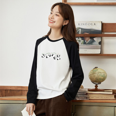 茵曼2025秋季新款纯棉插肩长袖卫衣外套女撞色拼接休闲上衣打底衫