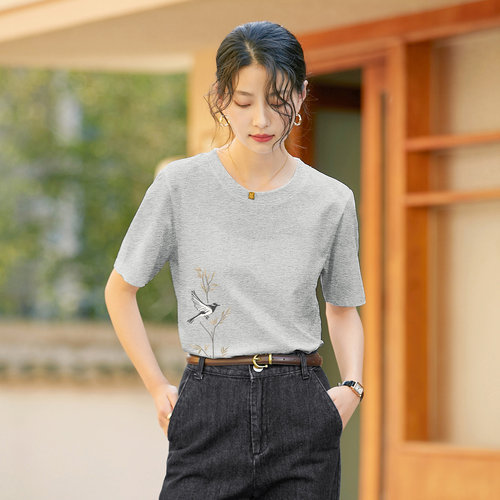茵曼2026夏季新款正肩纯棉短袖T恤女夏宽松巨好看圆领显瘦打底衫