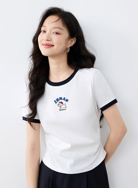 茵曼夏季撞色短款修身T恤女