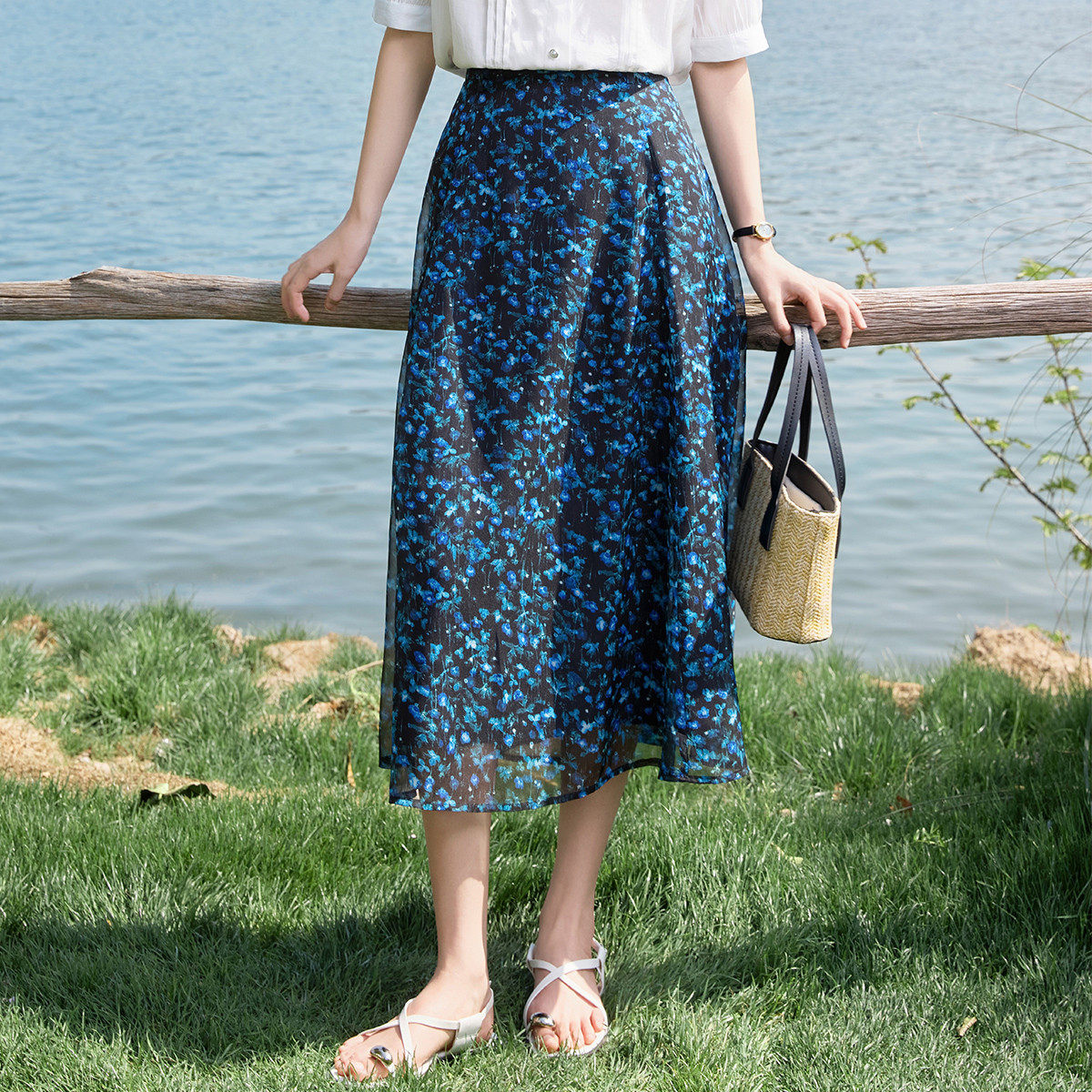 茵曼2025夏季新款气质系半身裙女长裙子雪纺网纱轻薄今年流行爆款