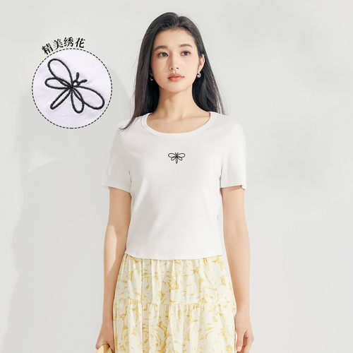 茵曼2026夏季新款正肩显瘦t恤女短袖上衣女独特收腰型超好看爆款
