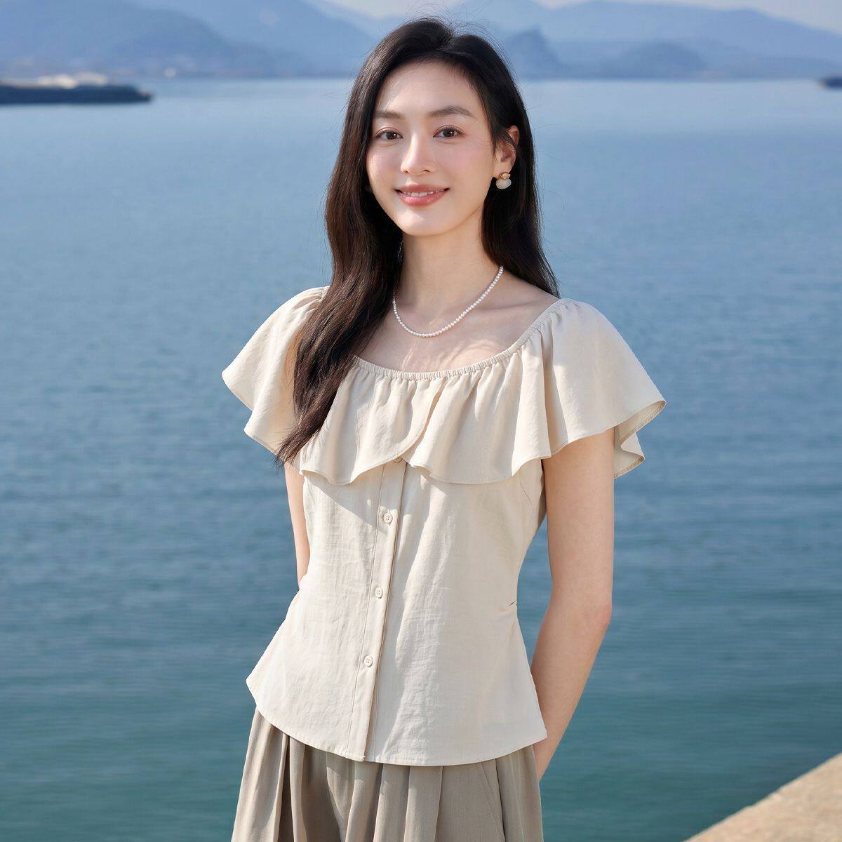 茵曼2026夏季新款法式甜美气质荷叶边一字领短袖衬衫女士显瘦上衣
