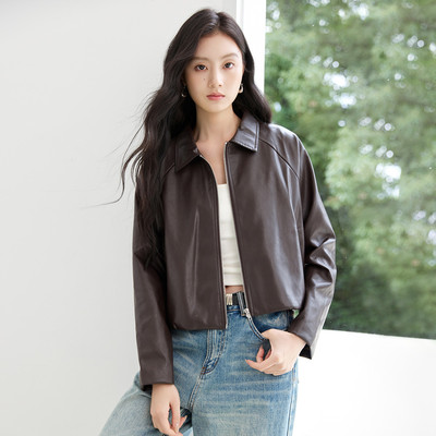 茵曼2025秋季新款pu皮衣外套女巨好看的早秋短宽松休闲小个子夹克