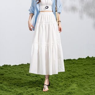 茵曼2026夏季新款白色半身裙女春夏休闲百搭中长款高腰a字蛋糕裙