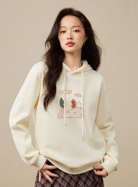 茵曼2025冬季新款加绒保暖长袖卫衣外套女连帽宽松显瘦百搭休闲