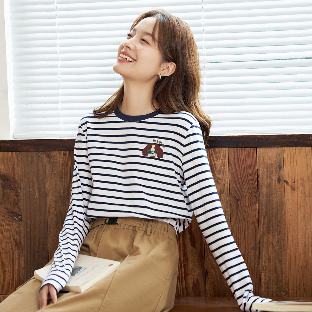 茵曼2026春季新款长袖t恤女正肩圆领独特超好看爆款内搭上衣条纹,女装/女士精品,T恤,淘宝优惠券,粉丝福利购,淘宝优惠卷