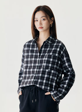 茵曼2026秋季新款时尚百搭长袖衬衫女士宽松遮肉显瘦格子上衣外套
