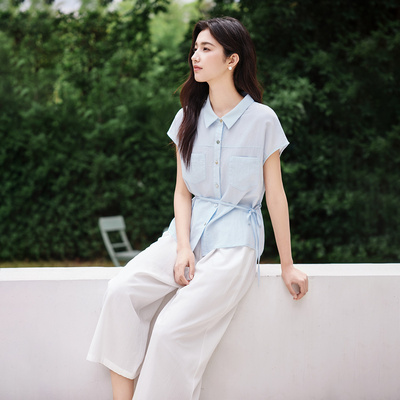 茵曼2025夏季新款翻领短袖衬衫九分休闲裤两件套装女士爆款高级感